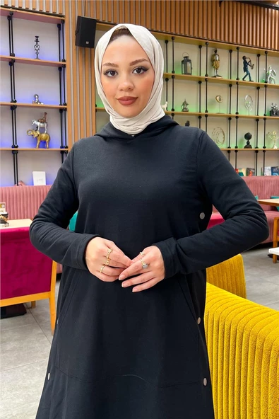 Kapşonlu Yandat Çıtçıtlı Sade Basic Uzun Tunik ve Pantolon İkili Spor Takım - 03071.003 - Siyah - Resim 9