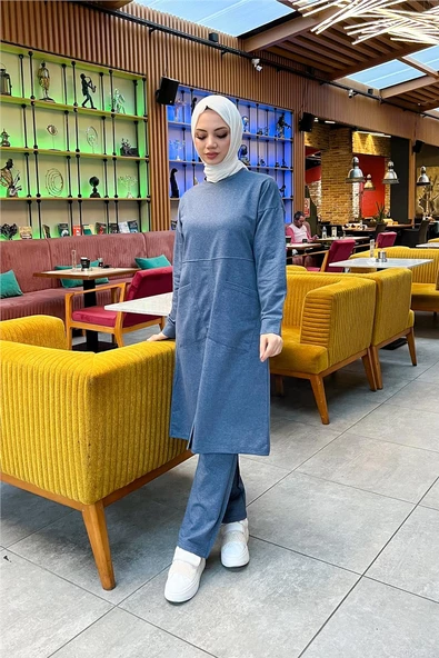 Önden İki Cepli Sade Basic Uzun Tunik Pantolon İkili Spor Takımı - 03067.006 - İndigo - Resim 6