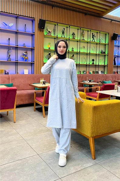 Önden İki Cepli Sade Basic Uzun Tunik Pantolon İkili Spor Takımı - 03067.008 - Gri