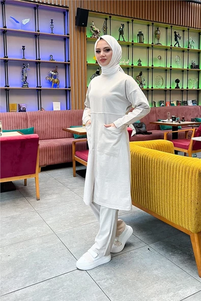 Önden İki Cepli Sade Basic Uzun Tunik Pantolon İkili Spor Takımı - 03067.027 - Ekru - Resim 5