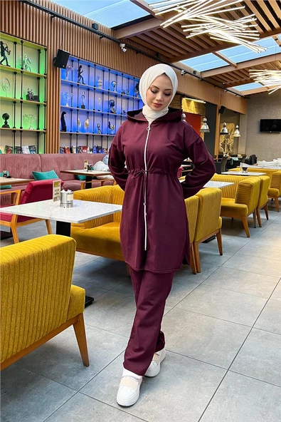 Kapşonlu Fermuarlı Belden Bağlamalı Sade Basic İkili Spor Takımı - 03070.020 - Mürdüm - 3