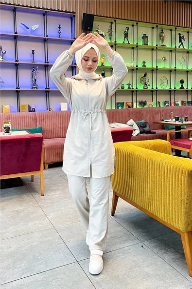 Kapşonlu Fermuarlı Belden Bağlamalı Sade Basic İkili Spor Takımı - 03070.027 - Ekru - Resim 7