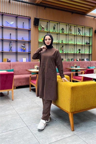 Önden İki Cepli Sade Basic Uzun Tunik Pantolon İkili Spor Takımı - 03067.028 - Kahverengi - 4