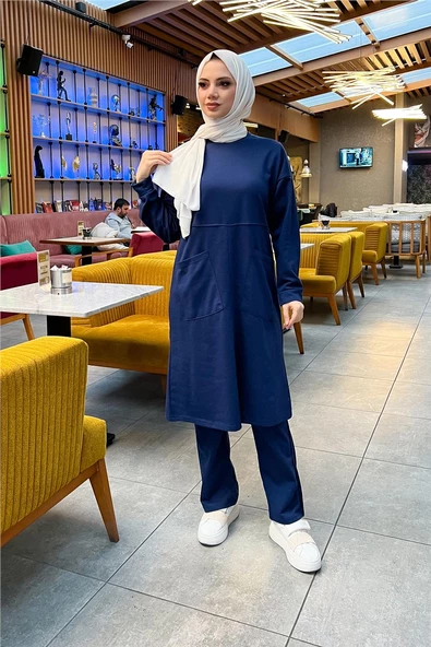 Önden İki Cepli Sade Basic Uzun Tunik Pantolon İkili Spor Takımı - 03067.202 - Açık Lacivert - 4