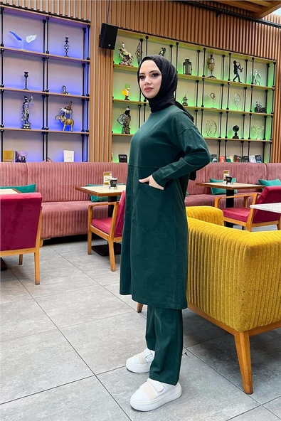 Önden İki Cepli Sade Basic Uzun Tunik Pantolon İkili Spor Takımı - 03067.021 - Nefti - Resim 4