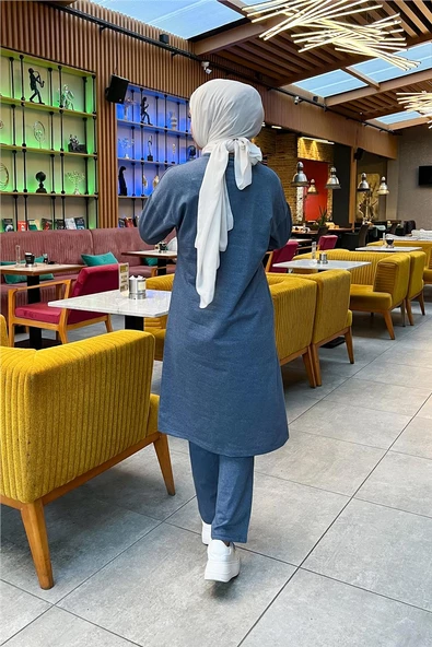Önden İki Cepli Sade Basic Uzun Tunik Pantolon İkili Spor Takımı - 03067.006 - İndigo - Resim 5