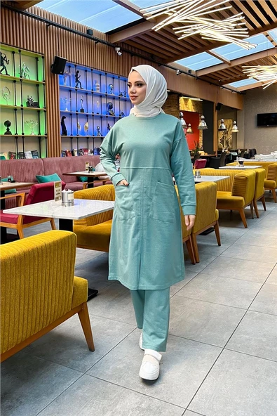 Önden İki Cepli Sade Basic Uzun Tunik Pantolon İkili Spor Takımı - 03067.100 - Çağla Yeşili - Resim 3