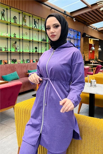 Kapşonlu Fermuarlı Belden Bağlamalı Sade Basic İkili Spor Takımı - 03070.207 - Koyu Lila - Resim 10
