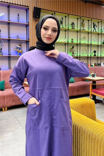 Önden İki Cepli Sade Basic Uzun Tunik Pantolon İkili Spor Takımı - 03067.207 - Koyu Lila - 7