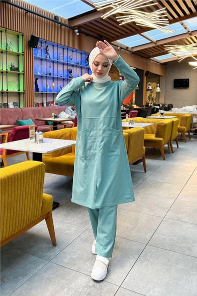 Önden İki Cepli Sade Basic Uzun Tunik Pantolon İkili Spor Takımı - 03067.100 - Çağla Yeşili - Resim 5