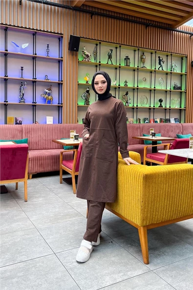 Önden İki Cepli Sade Basic Uzun Tunik Pantolon İkili Spor Takımı - 03067.028 - Kahverengi - 3