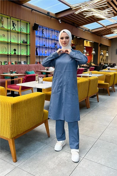 Önden İki Cepli Sade Basic Uzun Tunik Pantolon İkili Spor Takımı - 03067.006 - İndigo - Resim 3