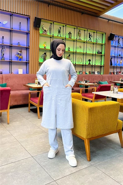 Önden İki Cepli Sade Basic Uzun Tunik Pantolon İkili Spor Takımı - 03067.008 - Gri - 2