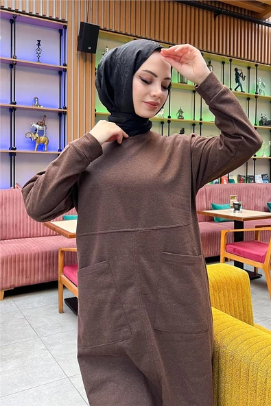 Önden İki Cepli Sade Basic Uzun Tunik Pantolon İkili Spor Takımı - 03067.028 - Kahverengi - 8