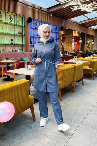 Kapşonlu Fermuarlı Belden Bağlamalı Sade Basic İkili Spor Takımı - 03070.006 - İndigo - 2