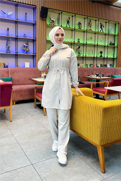 Kapşonlu Fermuarlı Belden Bağlamalı Sade Basic İkili Spor Takımı - 03070.027 - Ekru - Resim 2