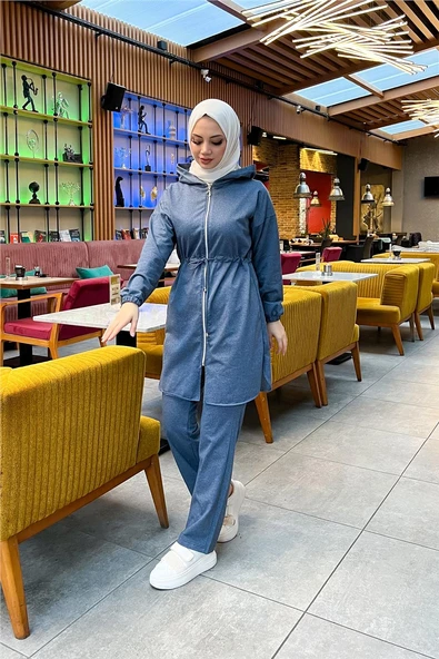 Kapşonlu Fermuarlı Belden Bağlamalı Sade Basic İkili Spor Takımı - 03070.006 - İndigo - 5