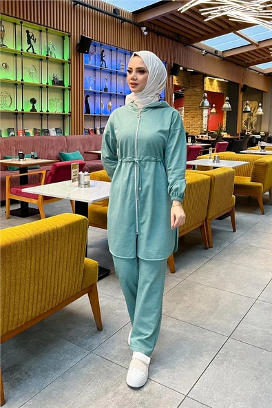 Kapşonlu Fermuarlı Belden Bağlamalı Sade Basic İkili Spor Takımı - 03070.100 - Çağla Yeşili - 4