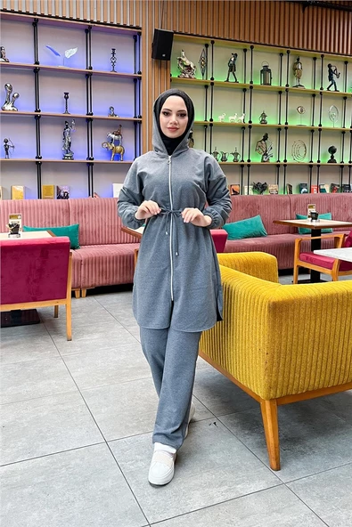 Kapşonlu Fermuarlı Belden Bağlamalı Sade Basic İkili Spor Takımı - 03070.017 - Antrasit - 12