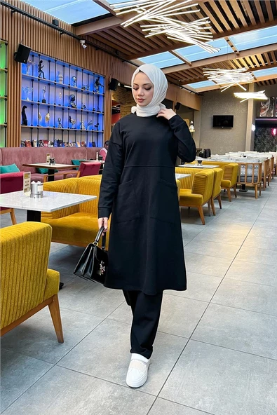 Önden İki Cepli Sade Basic Uzun Tunik Pantolon İkili Spor Takımı - 03067.003 - Siyah - 4