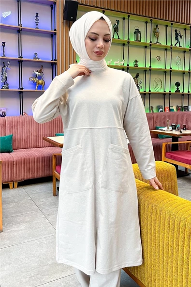 Önden İki Cepli Sade Basic Uzun Tunik Pantolon İkili Spor Takımı - 03067.027 - Ekru - Resim 11