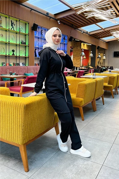 Kapşonlu Fermuarlı Belden Bağlamalı Sade Basic İkili Spor Takımı - 03070.003 - Siyah - Resim 6