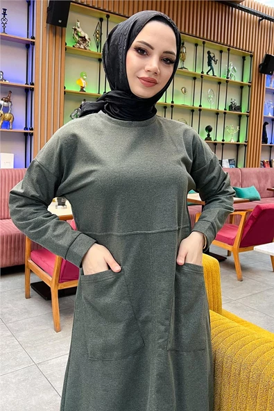 Önden İki Cepli Sade Basic Uzun Tunik Pantolon İkili Spor Takımı - 03067.005 - Haki - Resim 8