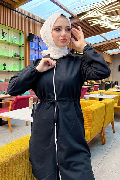 Kapşonlu Fermuarlı Belden Bağlamalı Sade Basic İkili Spor Takımı - 03070.003 - Siyah - Resim 11