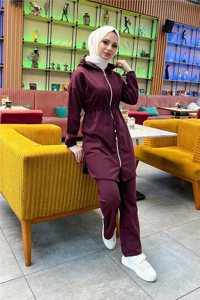 Kapşonlu Fermuarlı Belden Bağlamalı Sade Basic İkili Spor Takımı - 03070.020 - Mürdüm - 4
