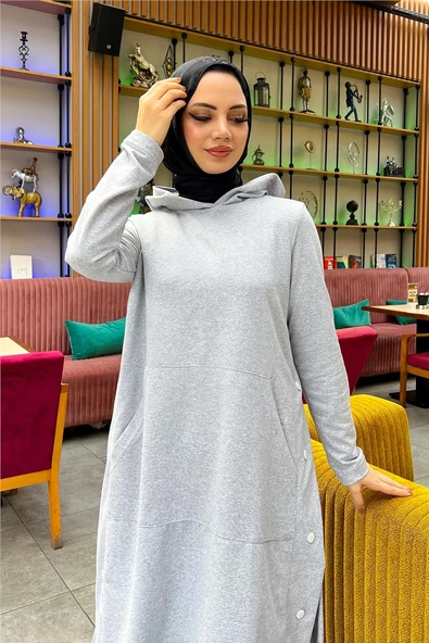 Kapşonlu Yandat Çıtçıtlı Sade Basic Uzun Tunik ve Pantolon İkili Spor Takım - 03071.008 - Gri - 10