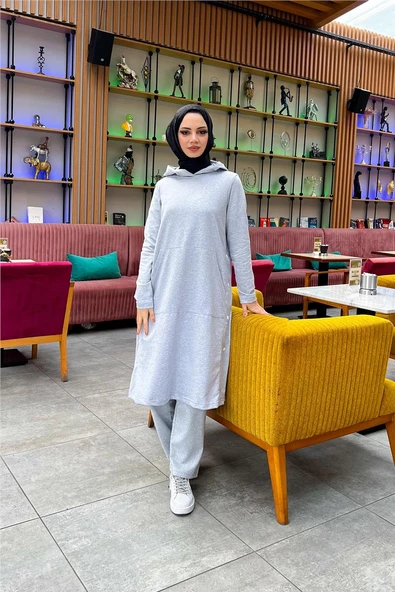 Kapşonlu Yandat Çıtçıtlı Sade Basic Uzun Tunik ve Pantolon İkili Spor Takım - 03071.008 - Gri - 5