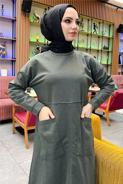 Önden İki Cepli Sade Basic Uzun Tunik Pantolon İkili Spor Takımı - 03067.005 - Haki - Resim 7