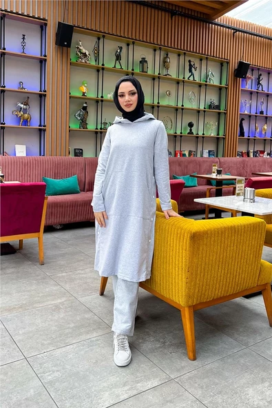 Kapşonlu Yandat Çıtçıtlı Sade Basic Uzun Tunik ve Pantolon İkili Spor Takım - 03071.008 - Gri - 6