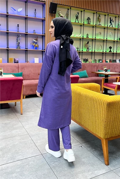 Önden İki Cepli Sade Basic Uzun Tunik Pantolon İkili Spor Takımı - 03067.207 - Koyu Lila - 5