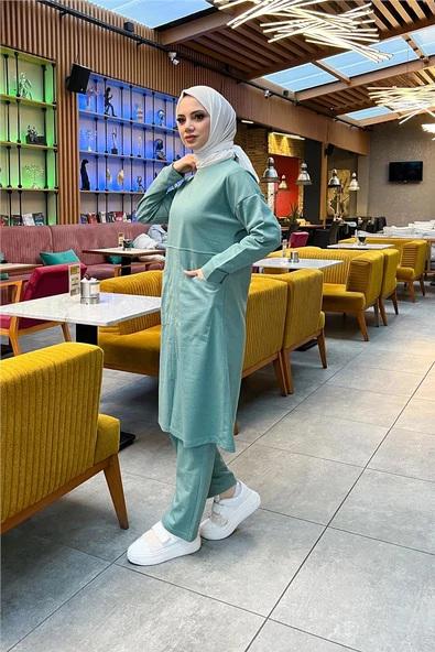 Önden İki Cepli Sade Basic Uzun Tunik Pantolon İkili Spor Takımı - 03067.100 - Çağla Yeşili - Resim 4