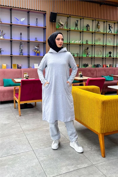 Kapşonlu Yandat Çıtçıtlı Sade Basic Uzun Tunik ve Pantolon İkili Spor Takım - 03071.008 - Gri - 4