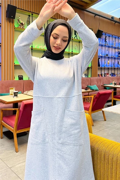 Önden İki Cepli Sade Basic Uzun Tunik Pantolon İkili Spor Takımı - 03067.008 - Gri - 9