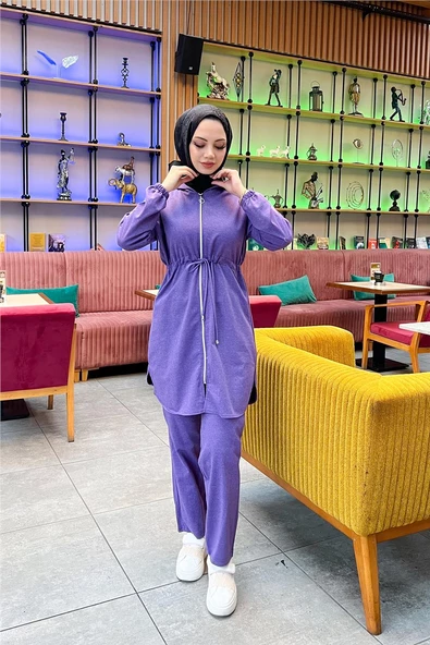 Kapşonlu Fermuarlı Belden Bağlamalı Sade Basic İkili Spor Takımı - 03070.207 - Koyu Lila - Resim 3