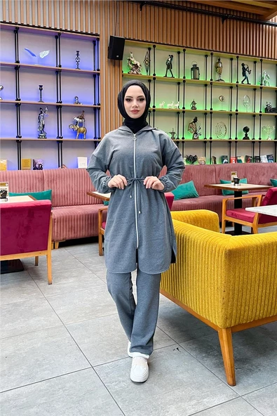 Kapşonlu Fermuarlı Belden Bağlamalı Sade Basic İkili Spor Takımı - 03070.017 - Antrasit - 5