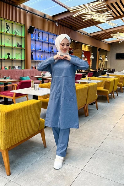 Önden İki Cepli Sade Basic Uzun Tunik Pantolon İkili Spor Takımı - 03067.006 - İndigo - Resim 9