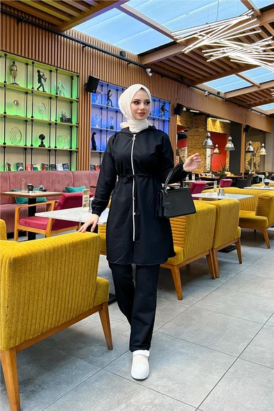 Kapşonlu Fermuarlı Belden Bağlamalı Sade Basic İkili Spor Takımı - 03070.003 - Siyah - Resim 4