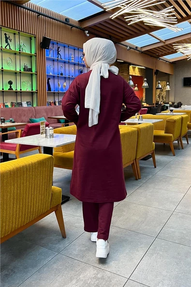 Önden İki Cepli Sade Basic Uzun Tunik Pantolon İkili Spor Takımı - 03067.009 - Bordo - Resim 8