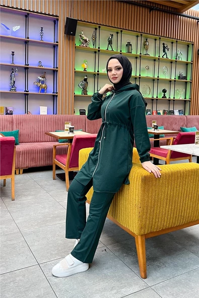 Kapşonlu Fermuarlı Belden Bağlamalı Sade Basic İkili Spor Takımı - 03070.021 - Nefti - Resim 7