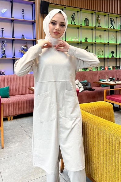 Önden İki Cepli Sade Basic Uzun Tunik Pantolon İkili Spor Takımı - 03067.027 - Ekru - Resim 12