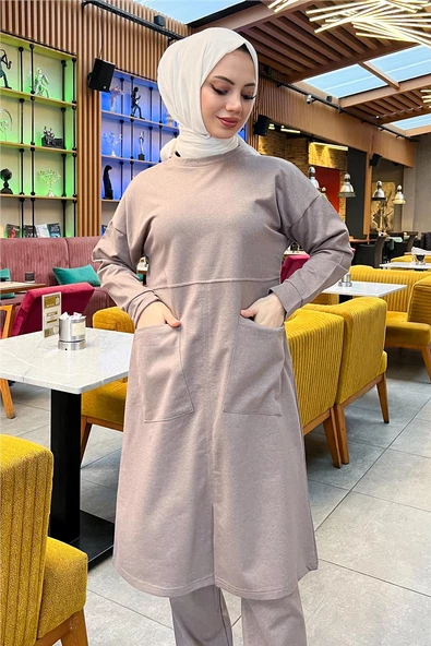 Önden İki Cepli Sade Basic Uzun Tunik Pantolon İkili Spor Takımı - 03067.016 - Vizon - Resim 7