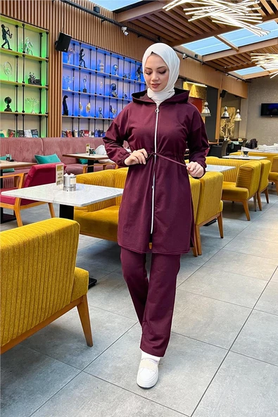Kapşonlu Fermuarlı Belden Bağlamalı Sade Basic İkili Spor Takımı - 03070.020 - Mürdüm - 2