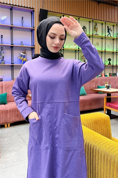 Önden İki Cepli Sade Basic Uzun Tunik Pantolon İkili Spor Takımı - 03067.207 - Koyu Lila - 8