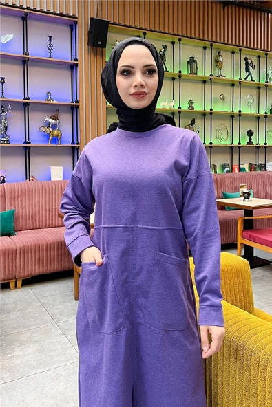 Önden İki Cepli Sade Basic Uzun Tunik Pantolon İkili Spor Takımı - 03067.207 - Koyu Lila - 6