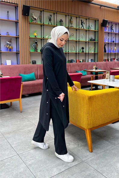 Kapşonlu Yandat Çıtçıtlı Sade Basic Uzun Tunik ve Pantolon İkili Spor Takım - 03071.003 - Siyah - Resim 8