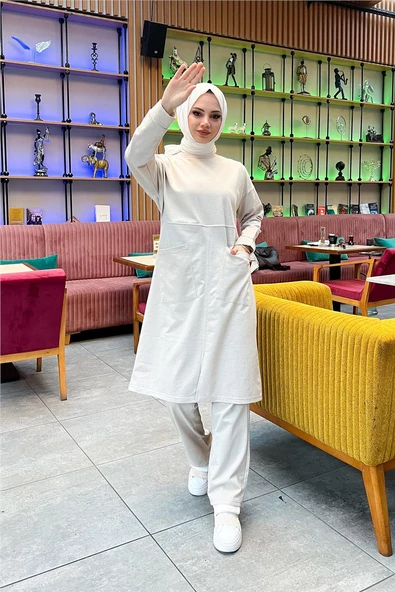Önden İki Cepli Sade Basic Uzun Tunik Pantolon İkili Spor Takımı - 03067.027 - Ekru - Resim 3